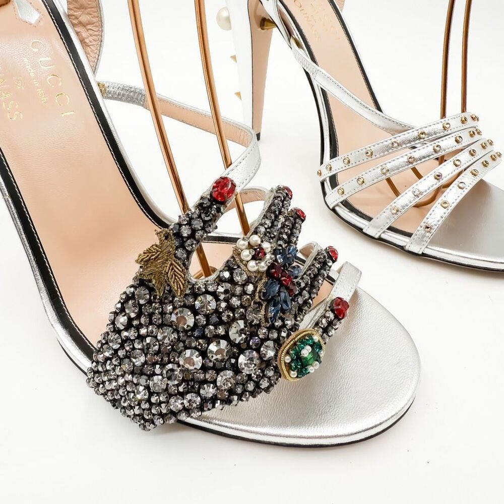 Gucci GG Wangy Crystal Embellished Silver Spike Studded Heels New EU 41 US 11 - Picture 3 of 15